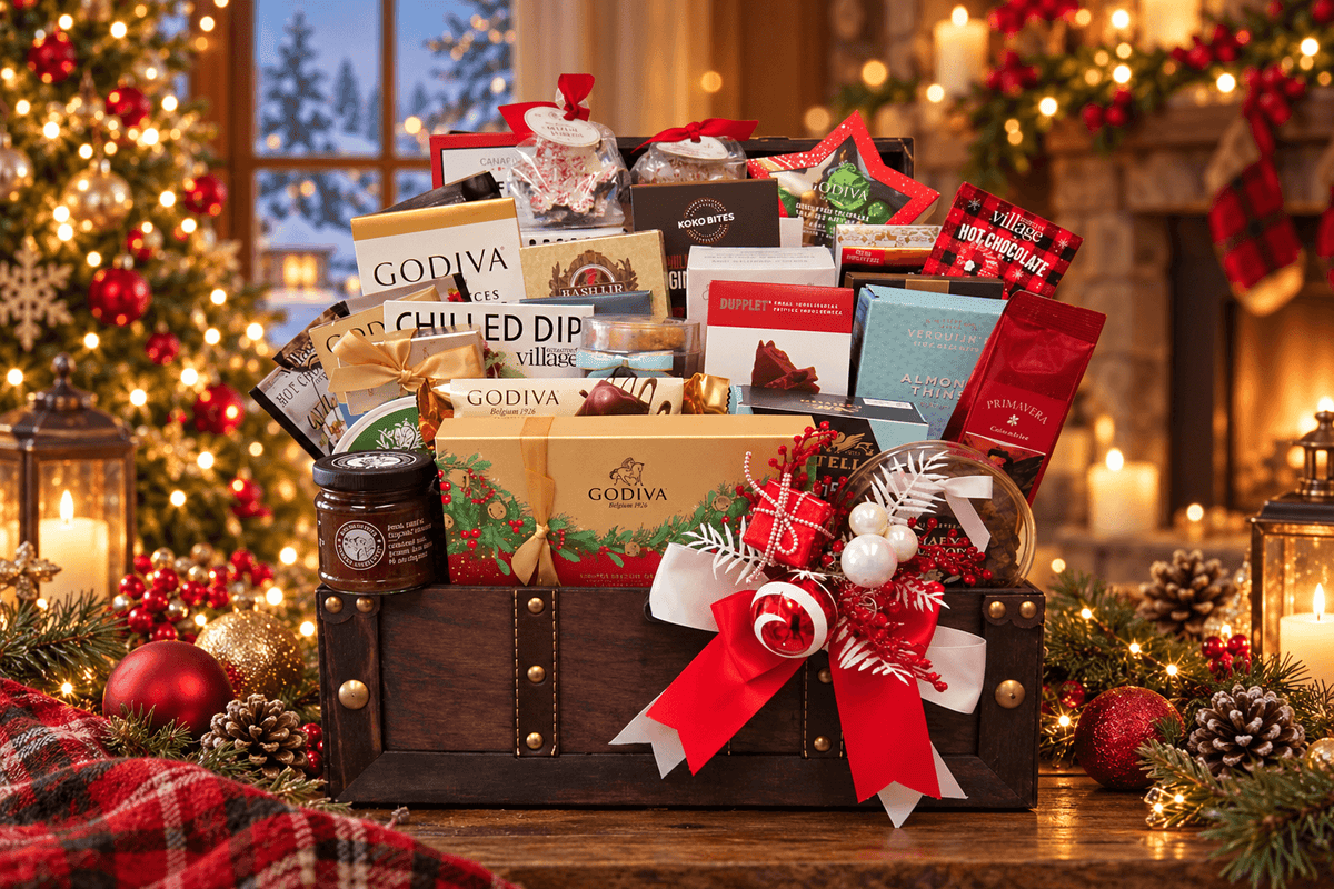 A Christmas-themed Godiva gift basket arranged in a dark wooden trunk, filled with assorted Godiva chocolates, truffles, and gift boxes. The basket is decorated with a large red and white ribbon and is set on a wooden table surrounded by a decorated Christmas tree, candles, pinecones, and holiday ornaments.