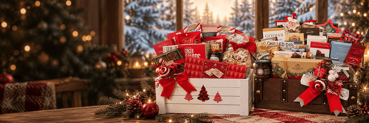 Two Christmas gift baskets with chocolate, cookies and gourmet treats on a festive table with snowy Canadian evergreens.
