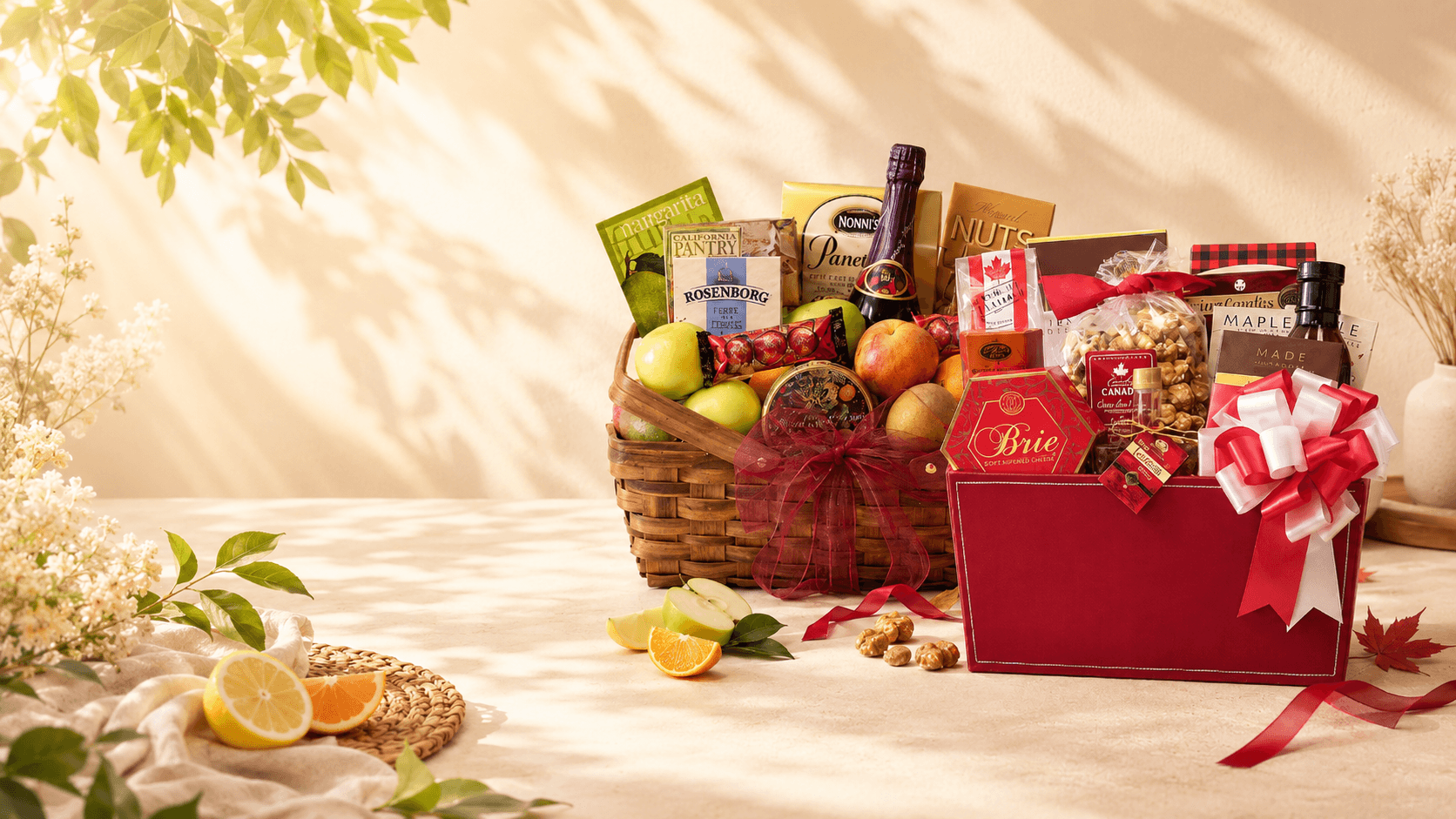 Elegant gift basket with fruits and goodies