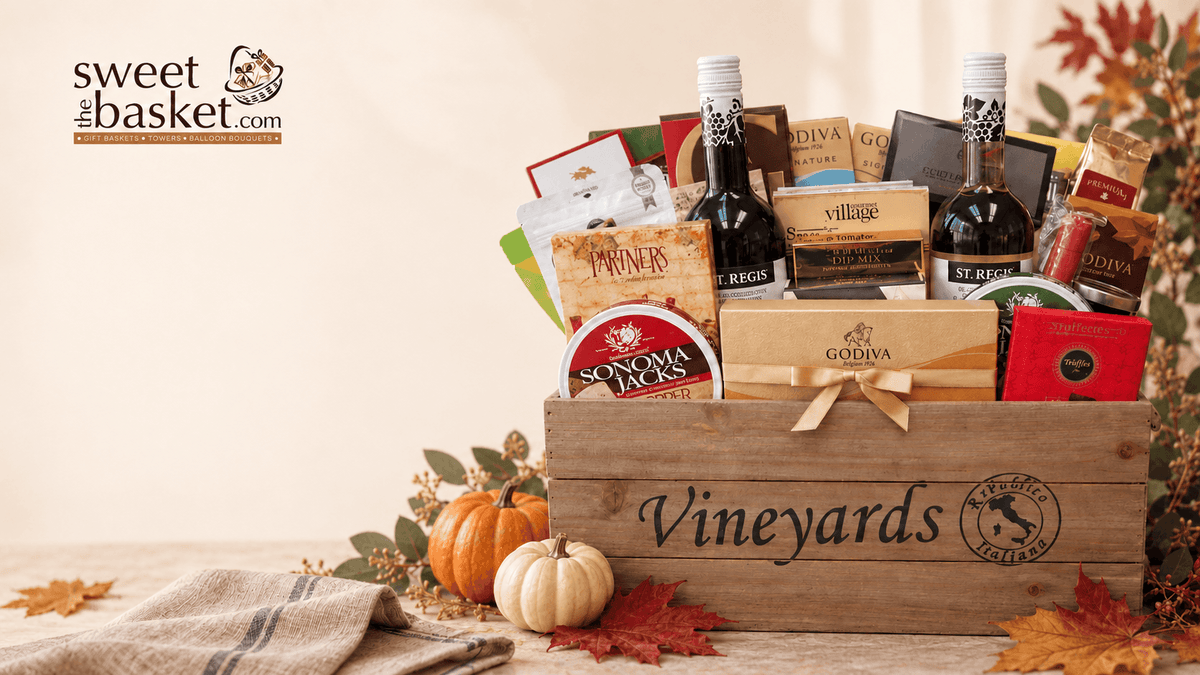 A wooden gift basket box filled with assorted gourmet foods and beverages, including wine bottles, Godiva boxes, Sonoma Jack wine, and packaged snacks, styled with small pumpkins, fall leaves, and a plaid cloth on a tabletop. The Sweet Basket logo appears in the upper left.