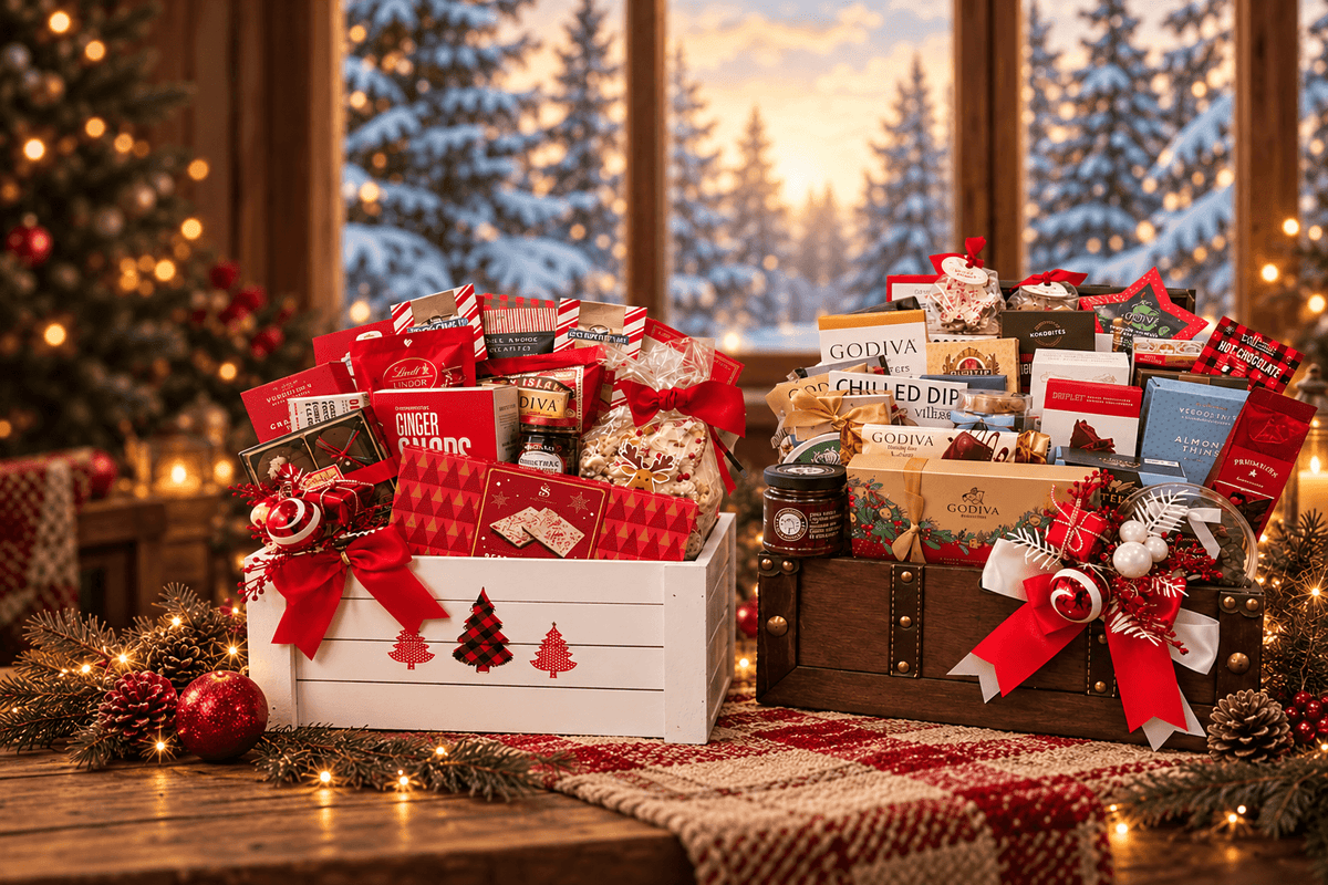 Two holiday gift baskets filled with assorted packaged snacks, treats, and holiday-themed items, styled on a table in front of a window with a snowy forest view and a decorated Christmas tree in the background.