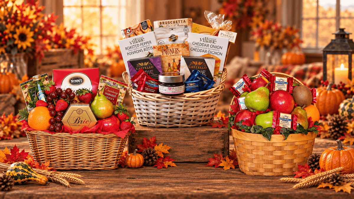 Three autumn-themed gourmet gift baskets arranged on a rustic wooden table, filled with packaged snacks, dried fruit, and fresh apples, oranges, and grapes, surrounded by pumpkins, fall leaves, and warm seasonal decor.