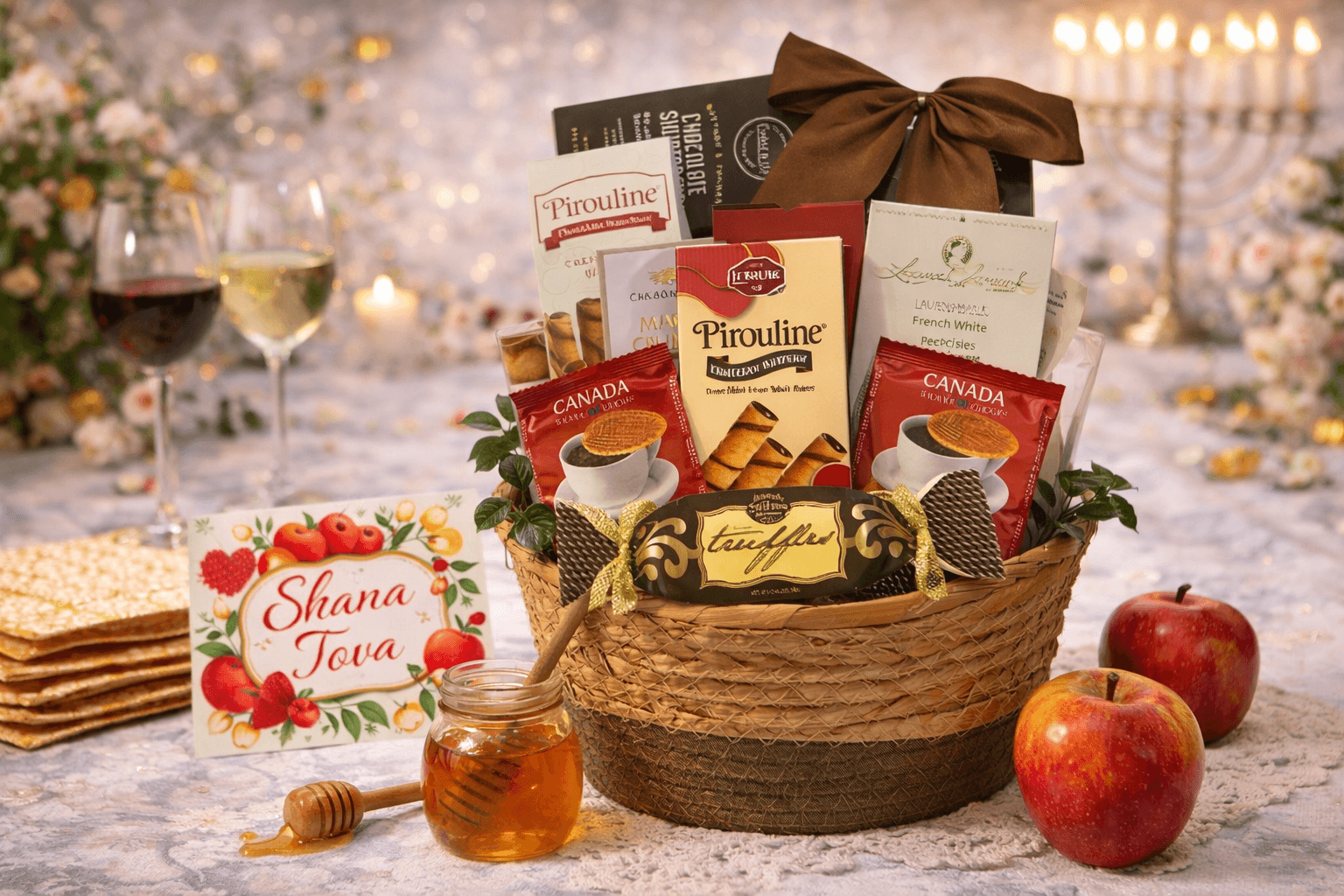 Gift basket with snacks and a card on a festive table setting with apples and wine glasses.