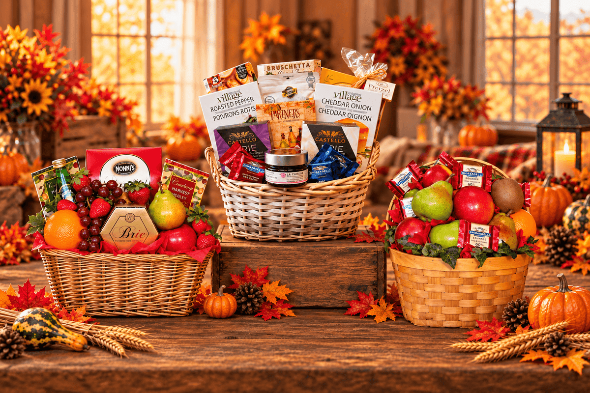 Three rustic Thanksgiving gift baskets