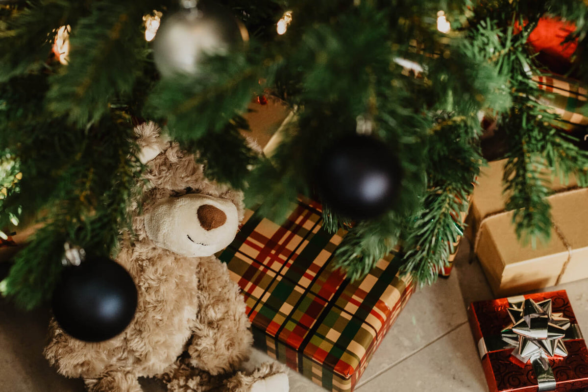 Teddy bear and Christmas presents under a decorated tree